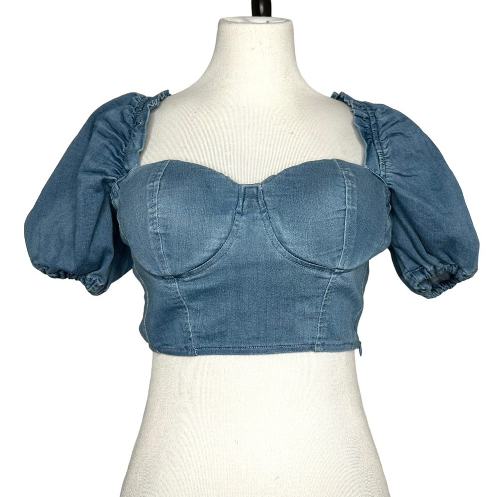Haute Monde Bustier Style Puff Sleeve Crop Top Sz Small Blue Denim Padded